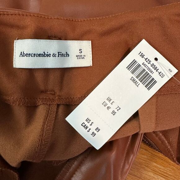 Abercrombie & Fitch Paperbag Belted Straight Leg Pants Faux Leather, Brown NWT - Picture 11 of 12